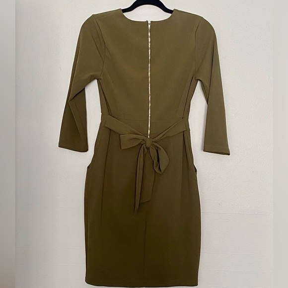 OLIVE CREPE DRESS WITH TIE WAIST OFFICE CASUAL SIZE M ABOVE KNEE LENGTH - Picture 2 of 2